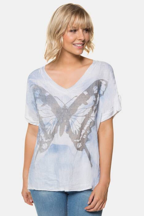 Bluse, Schmetterlingsmotiv, Oversized, reines Leinen