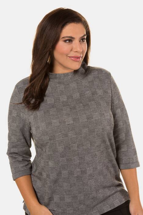 Pullover, karierter Feinstrick, A-Linie, Stehkragen