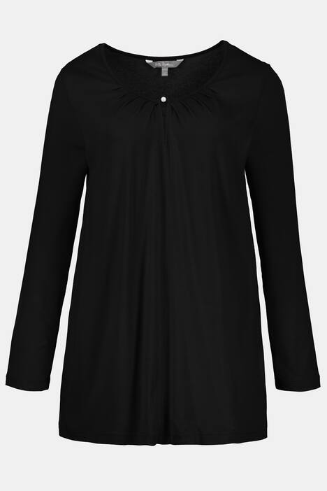 Pearl Button Pleated Round Neck Stretch Knit Top