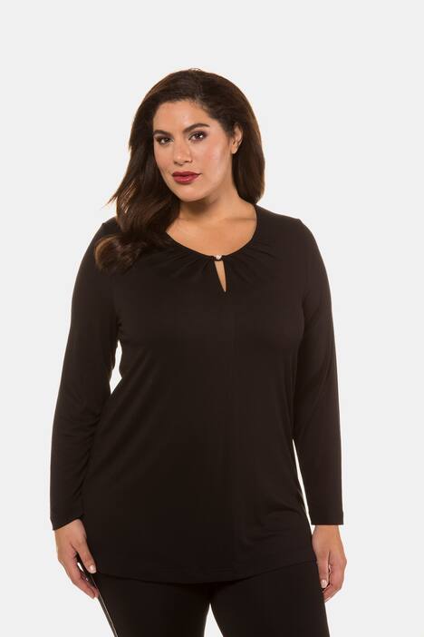 Pearl Button Pleated Round Neck Stretch Knit Top