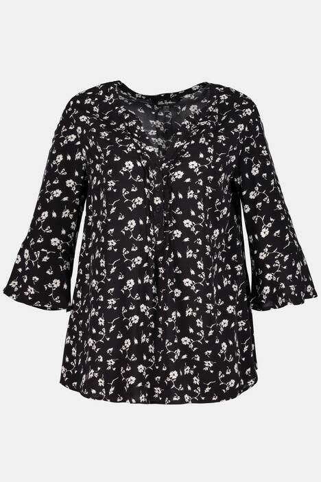 Bluse, florales Muster, A-Linie, Biesen, Volantärmel