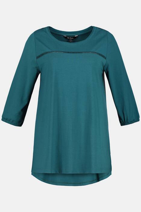 Crochet Accent Round Neck A-line Fit Stretch Knit Top