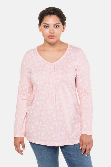 Shirt, florales Muster, A-Linie, Biesen, V-Ausschnitt