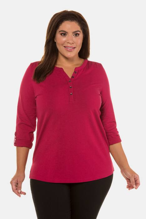 Round Notch Neck Henley Roll-Tab Sleeves Tee