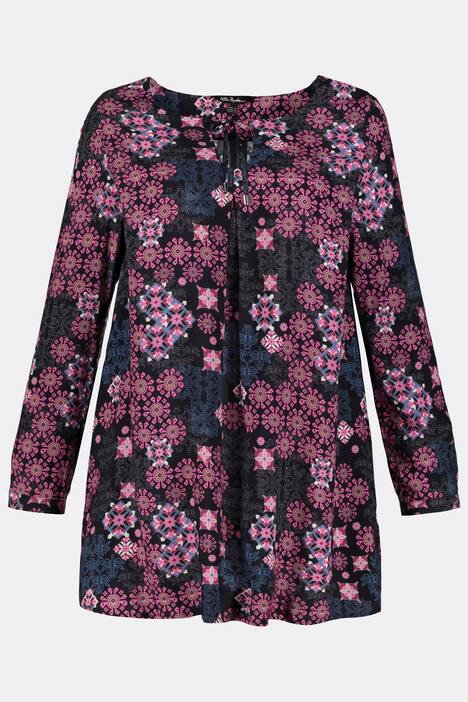 Graphic Floral Round Neck Tie Tunic Blouse
