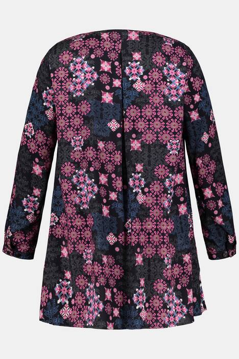 Graphic Floral Round Neck Tie Tunic Blouse