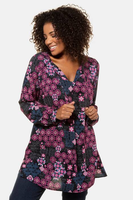 Graphic Floral Round Neck Tie Tunic Blouse
