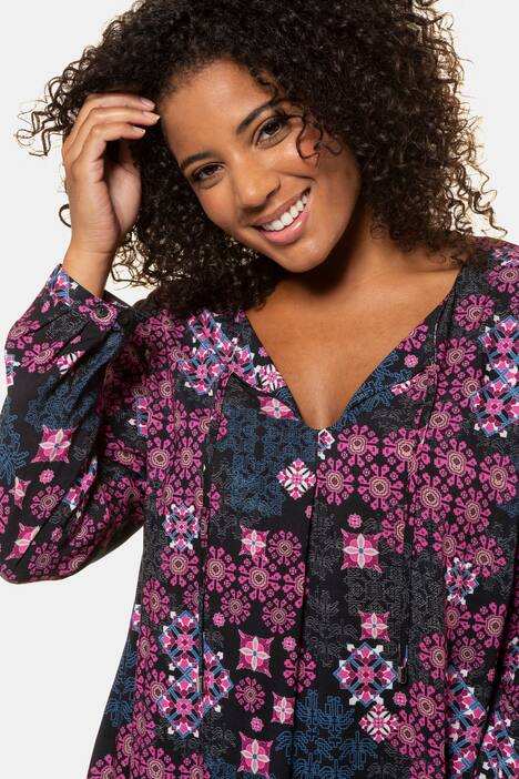 Graphic Floral Round Neck Tie Tunic Blouse