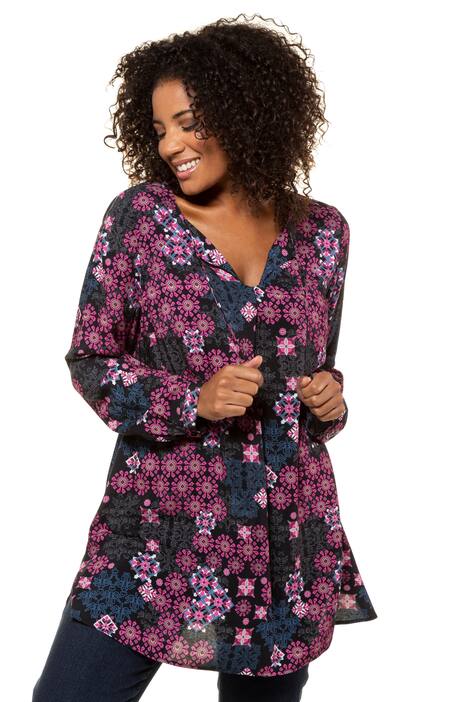 Graphic Floral Round Neck Tie Tunic Blouse