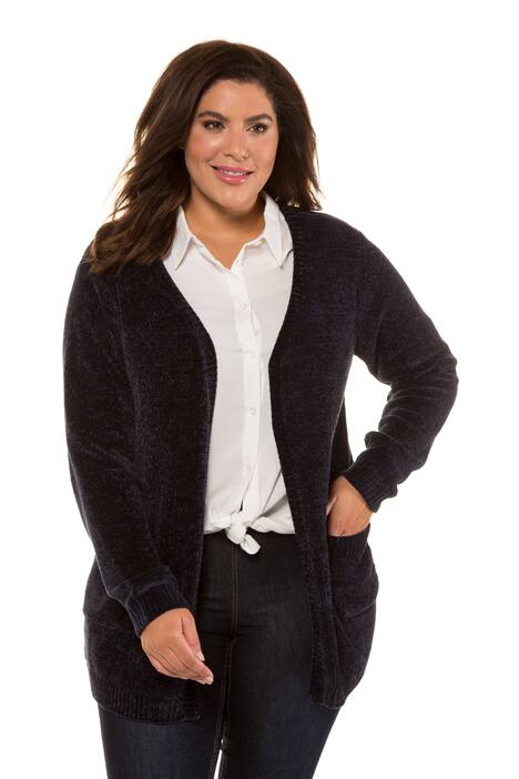 Chenille Open Front Patch Pocket Cardigan Sweater