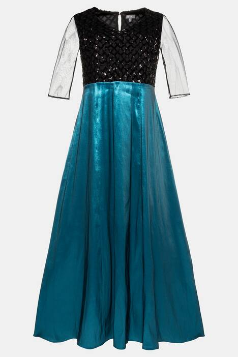 Abendkleid, Paillettenbüste, Satinrock, Chiffonärmel