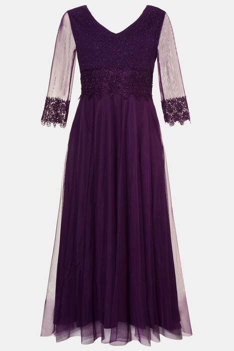 Abendkleid, Glitzerbüste, Spitzenbesatz, Mesh-Ärmel
