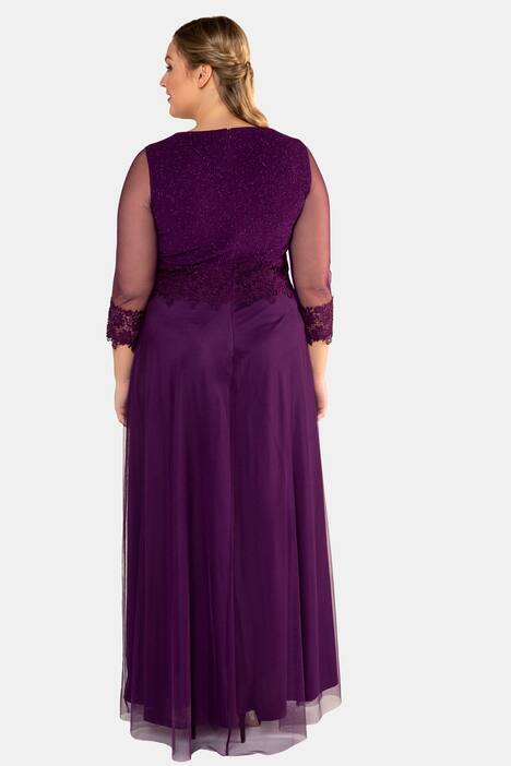 Abendkleid, Glitzerbüste, Spitzenbesatz, Mesh-Ärmel