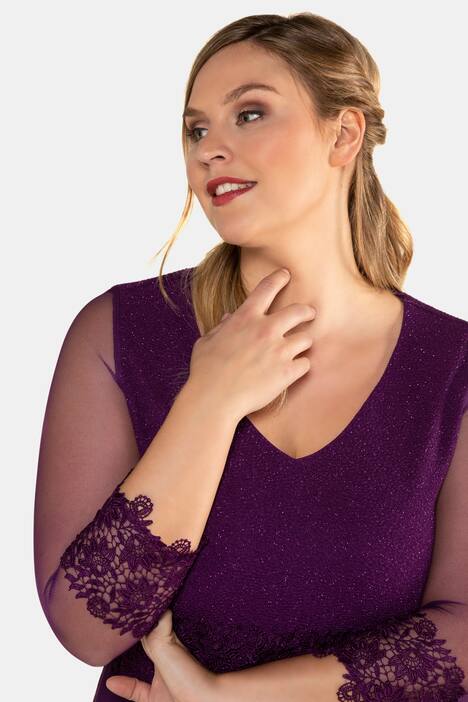 Abendkleid, Glitzerbüste, Spitzenbesatz, Mesh-Ärmel