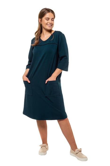 Eco Cotton V-Neck Patch Pockets Stretch Knit Dress
