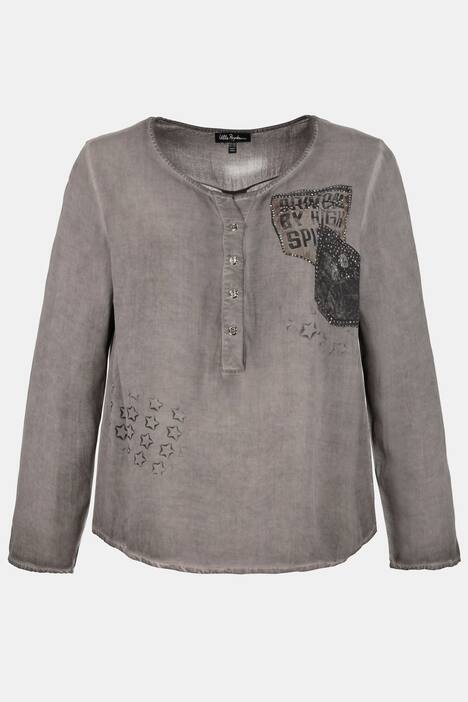 Pocket Print Cold Dye Rhinestone Accent Blouse