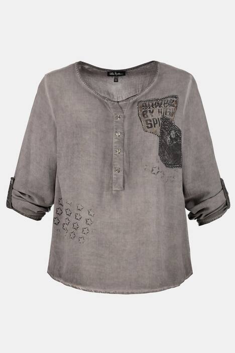 Pocket Print Cold Dye Rhinestone Accent Blouse