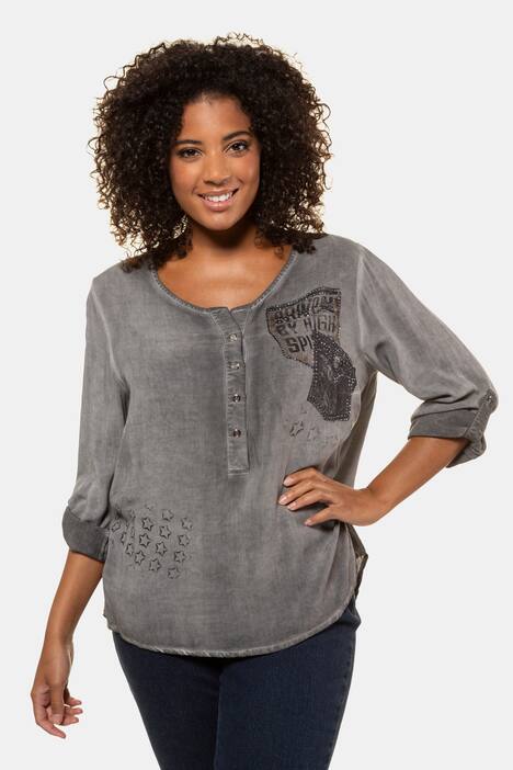 Pocket Print Cold Dye Rhinestone Accent Blouse