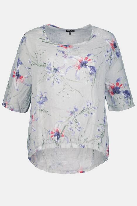 Bluse, reines Leinen, Blütenmuster, Bogensaum vorne elastisch, Halbarm