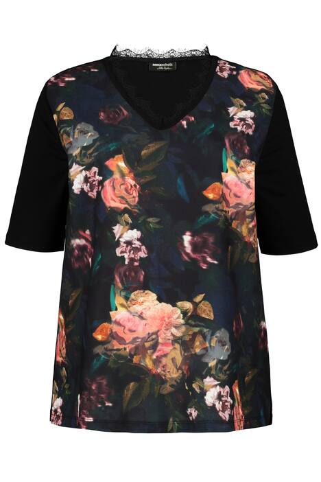 Blouse, V-hals met kant, rozenprint