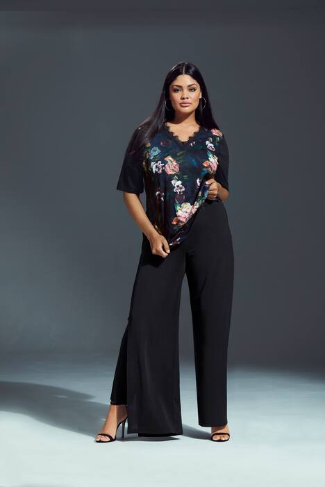 Blouse, V-hals met kant, rozenprint