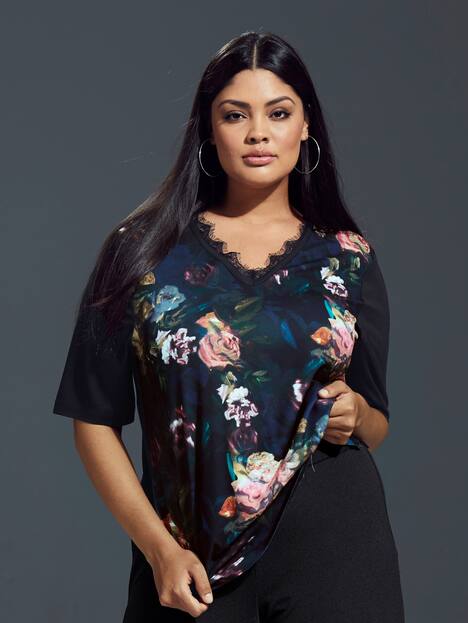 Blouse, V-hals met kant, rozenprint