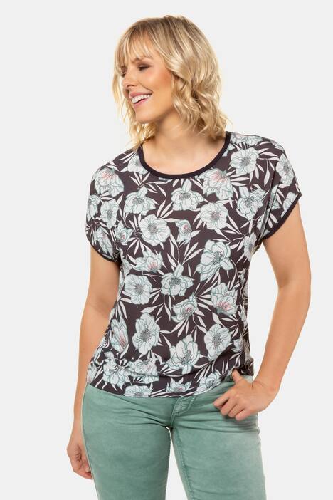 Shirt, vorne geblümter Krepp, Rücken Ringeljersey