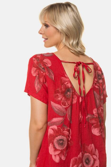 Kleid, Blütenmuster, tiefer Rückenausschnitt, Leinen