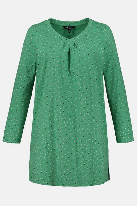Longshirt, Blütenmuster, A-Linie, V-Ausschnitt, Falten