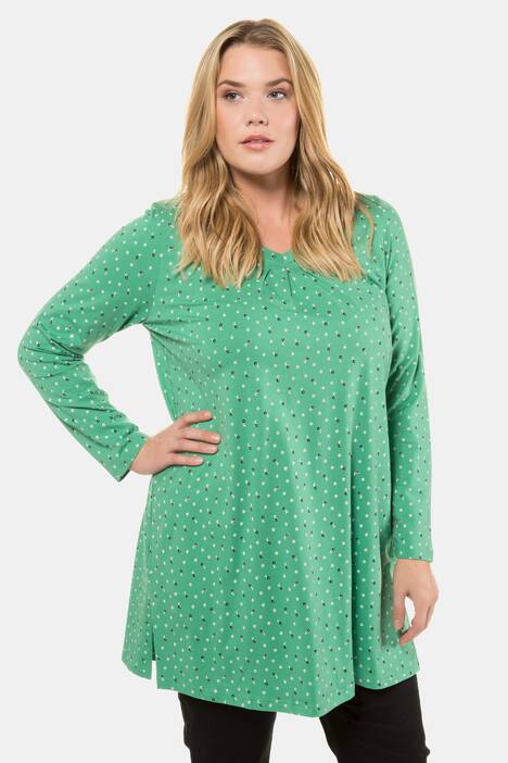 Longshirt, Blütenmuster, A-Linie, V-Ausschnitt, Falten
