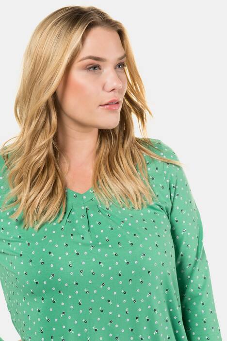 Longshirt, Blütenmuster, A-Linie, V-Ausschnitt, Falten