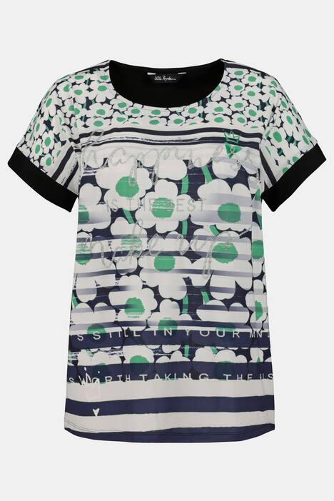 Glitter Print Mixed Fabric Oversized Fit Stretch Top
