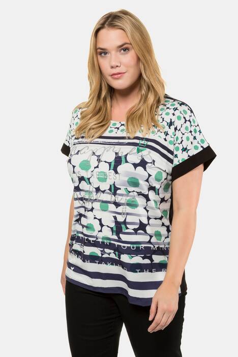 Glitter Print Mixed Fabric Oversized Fit Stretch Top