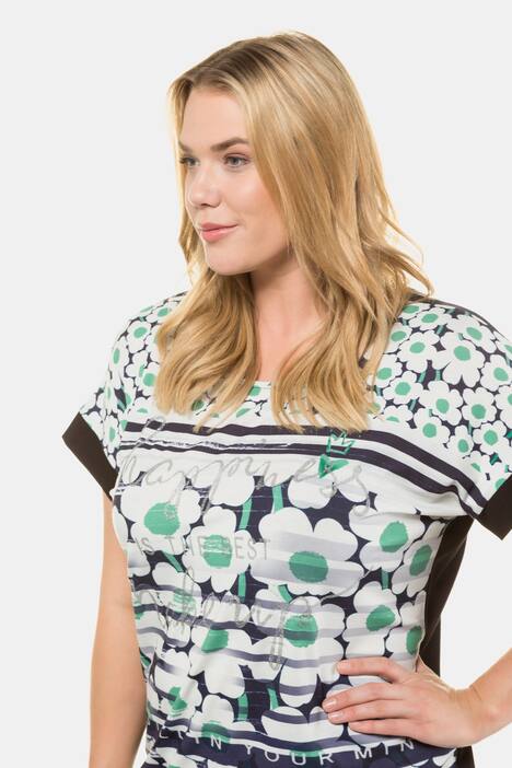 Glitter Print Mixed Fabric Oversized Fit Stretch Top