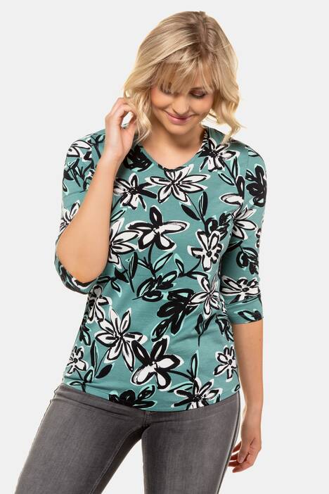 Shirt, Blütenmuster, elastischer Saum, 3/4-Arm