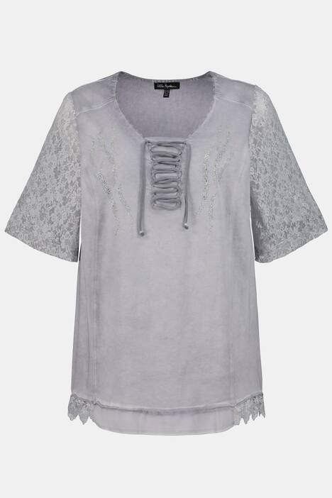 T-Shirt, Zierschnürung, A-Linie, oil dyed, Spitzenärmel