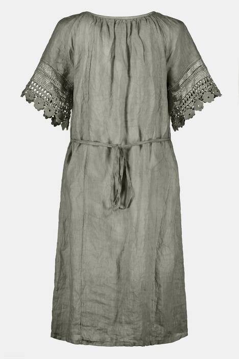 Kleid, reines Leinen, Häkel-Details, Halbarm, Bindegürtel