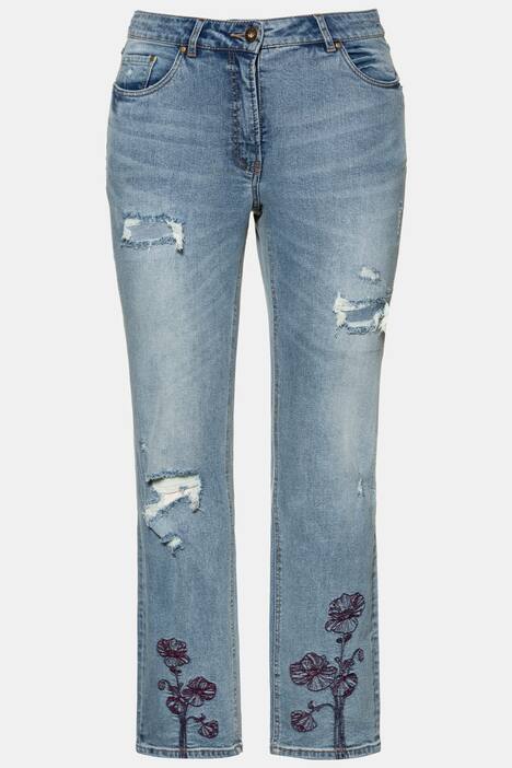 Jeans, Blüten-Stick, destroyed, 5-Pocket, gerade Form