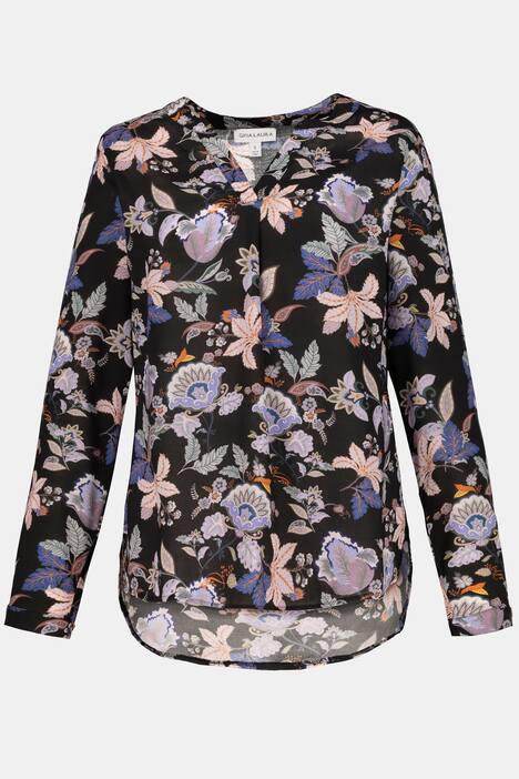 Tunika, Floraldruck, offener Stehkragen, hinten länger