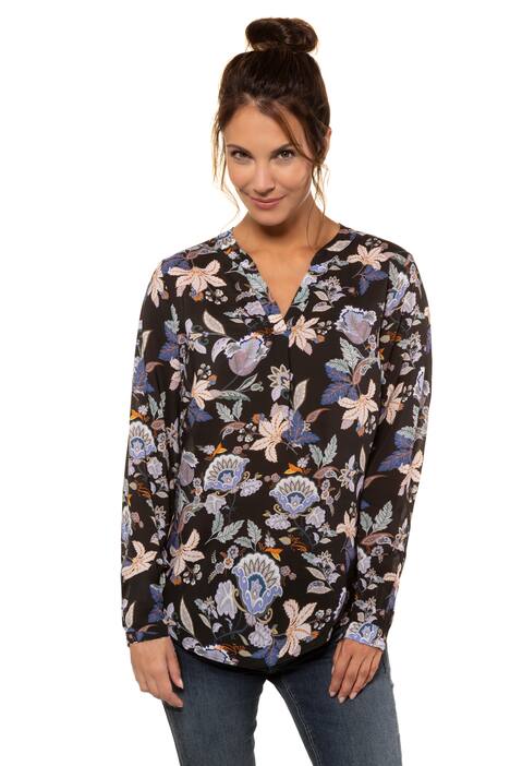 Tunika, Floraldruck, offener Stehkragen, hinten länger