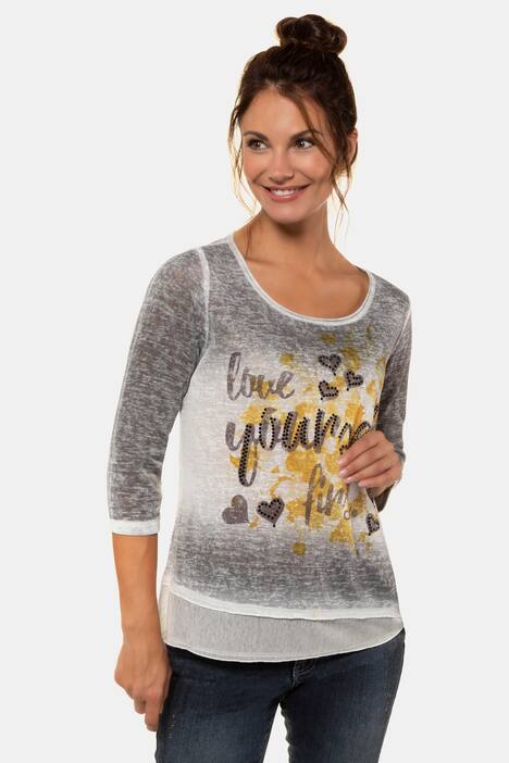 Shirt, Meshsaum, Ziersteine, 3/4-Arm, Ausbrennerjersey