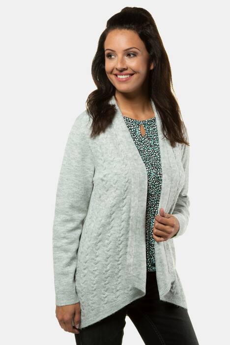 Strickjacke, vorne Zopfmuster, offene Form, Kelchkragen