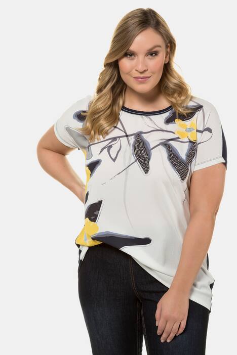 Shirtbluse, Blütenmotiv, Oversized, Glitzersteinchen