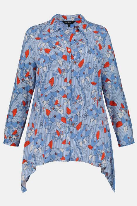 Bluse, Streifen, A-Linie, Blütenmuster, Zipfelsaum