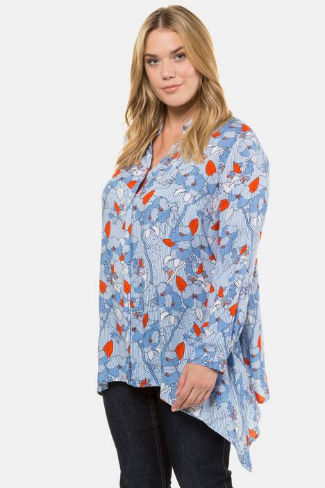 Bluse, Streifen, A-Linie, Blütenmuster, Zipfelsaum