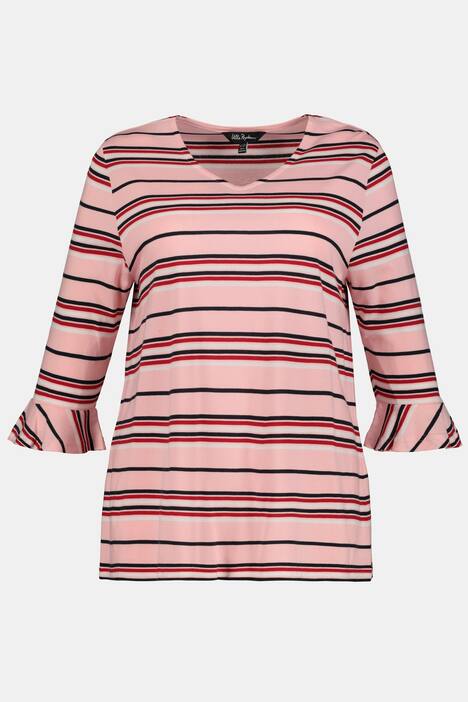 Shirt, Ringel, Classic, V-Ausschnitt, 3/4-Volantärmel