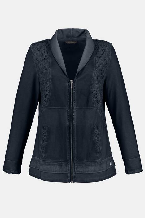 Sweatjacke, Schalkragen, Spitzendetail, cold dyed