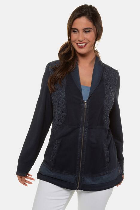 Sweatjacke, Schalkragen, Spitzendetail, cold dyed