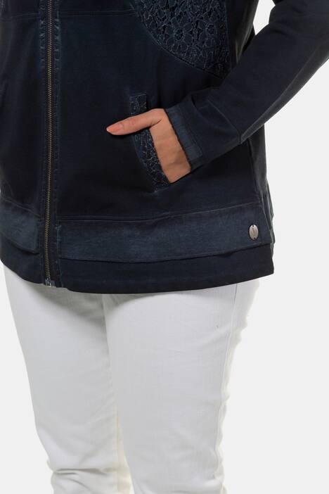 Sweatjacke, Schalkragen, Spitzendetail, cold dyed
