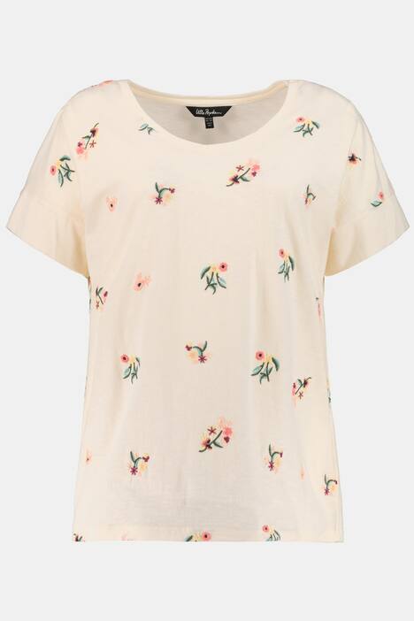 T-Shirt, Blütenstickerei, Flammjersey